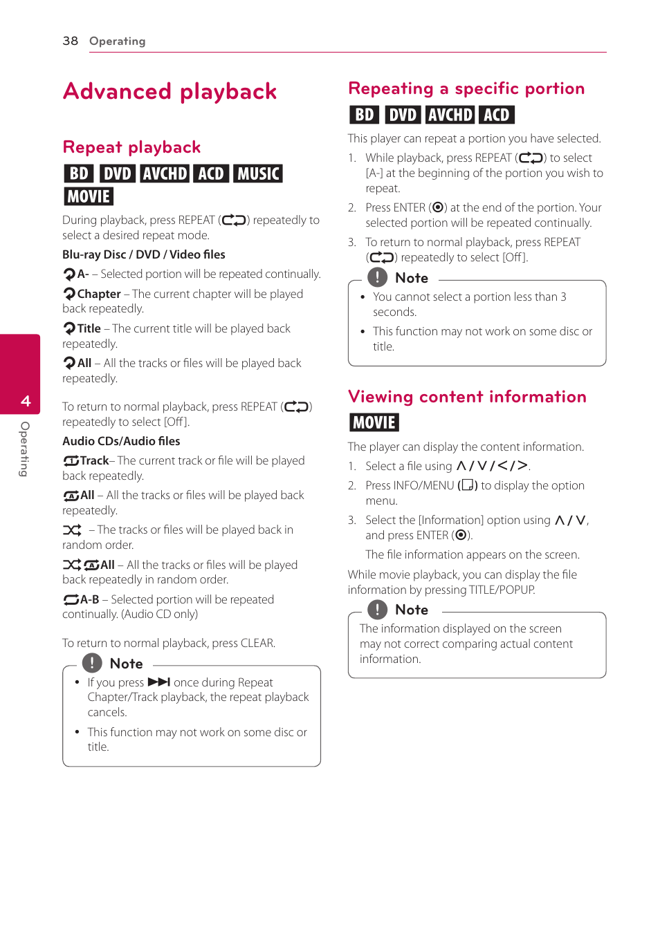 Advanced playback, Repeat playback, Repeating a specific portion | Viewing content information, Repeat playback erotu y, Repeating a specific portion erot, Viewing content information y | LG BP520 User Manual | Page 38 / 64