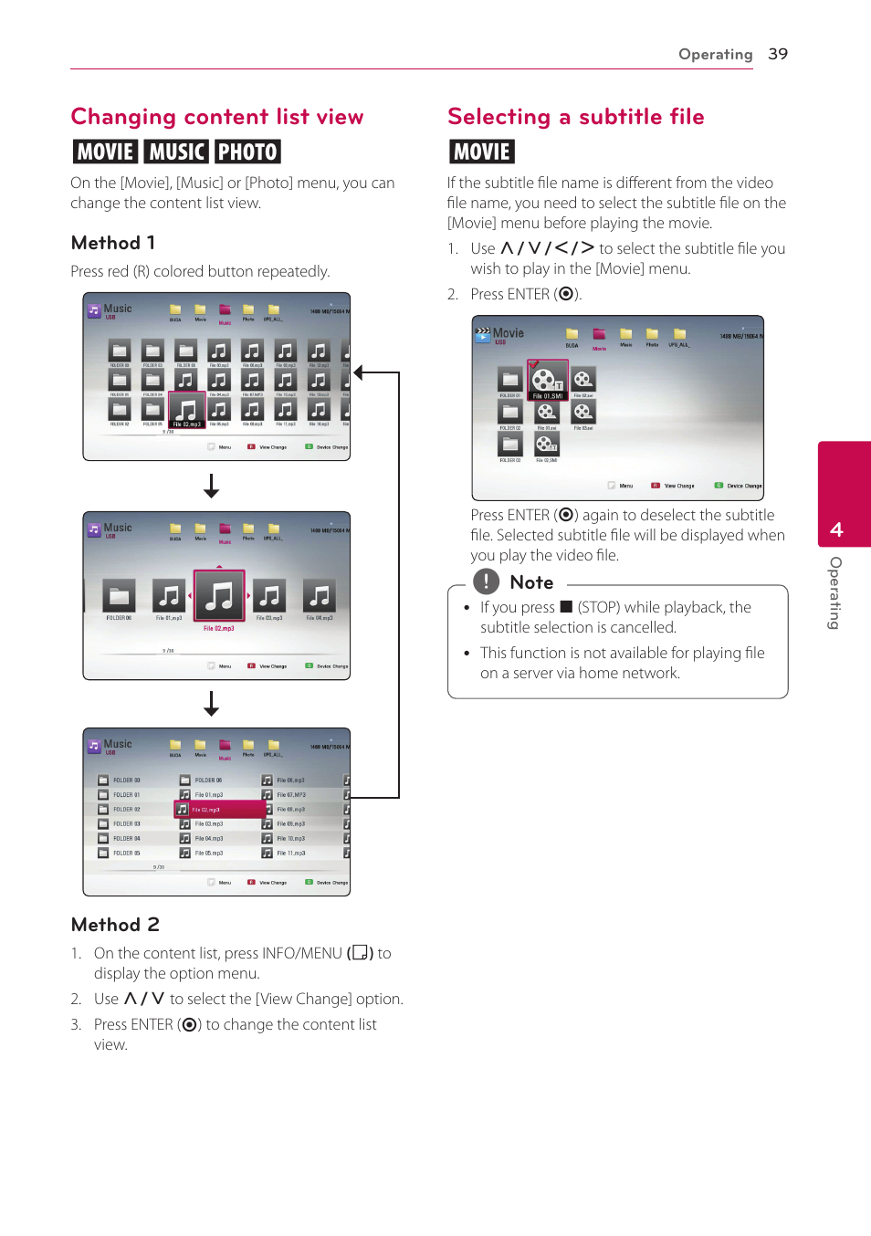 Changing content list view, Selecting a subtitle file, Changing content list view yui | Selecting a subtitle file y | LG BP520 User Manual | Page 39 / 64