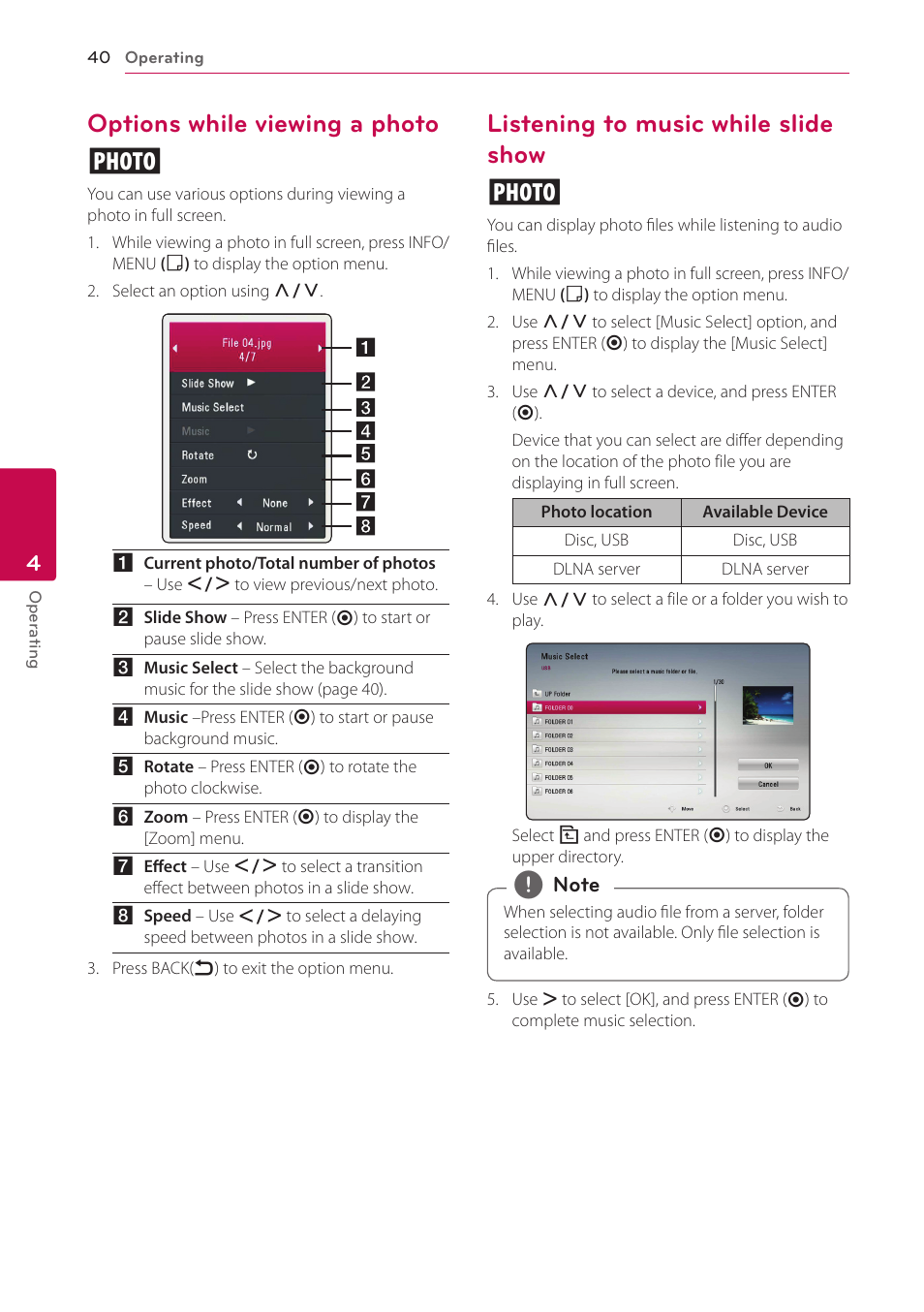 Options while viewing a photo, Listening to music while slide show, Options while viewing a photo i | Listening to music while slide show i | LG BP520 User Manual | Page 40 / 64