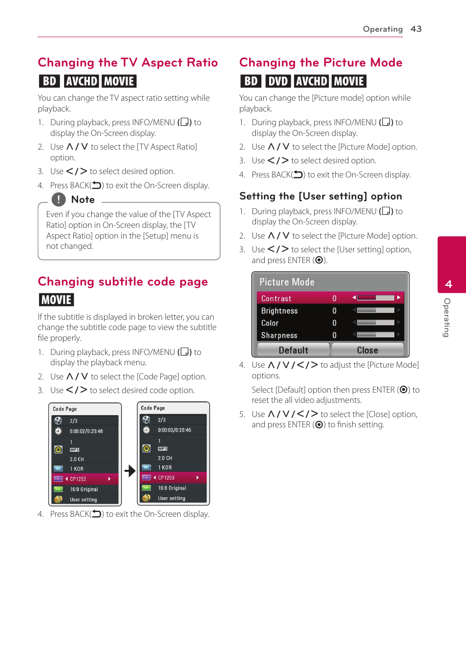 Changing the tv aspect ratio, Changing the picture mode, Changing the tv aspect ratio eoy | Changing subtitle code page y, Changing the picture mode eroy | LG BP520 User Manual | Page 43 / 64