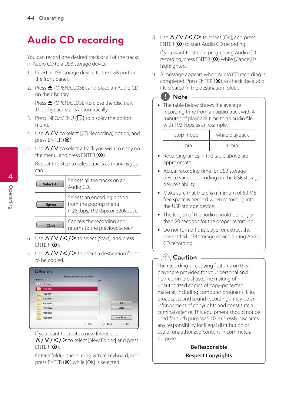 Audio cd recording, 44 audio cd recording | LG BP520 User Manual | Page 44 / 64