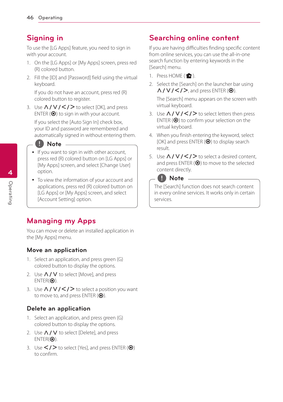 Signing in, Managing my apps, Searching an online content | Searching online content | LG BP520 User Manual | Page 46 / 64