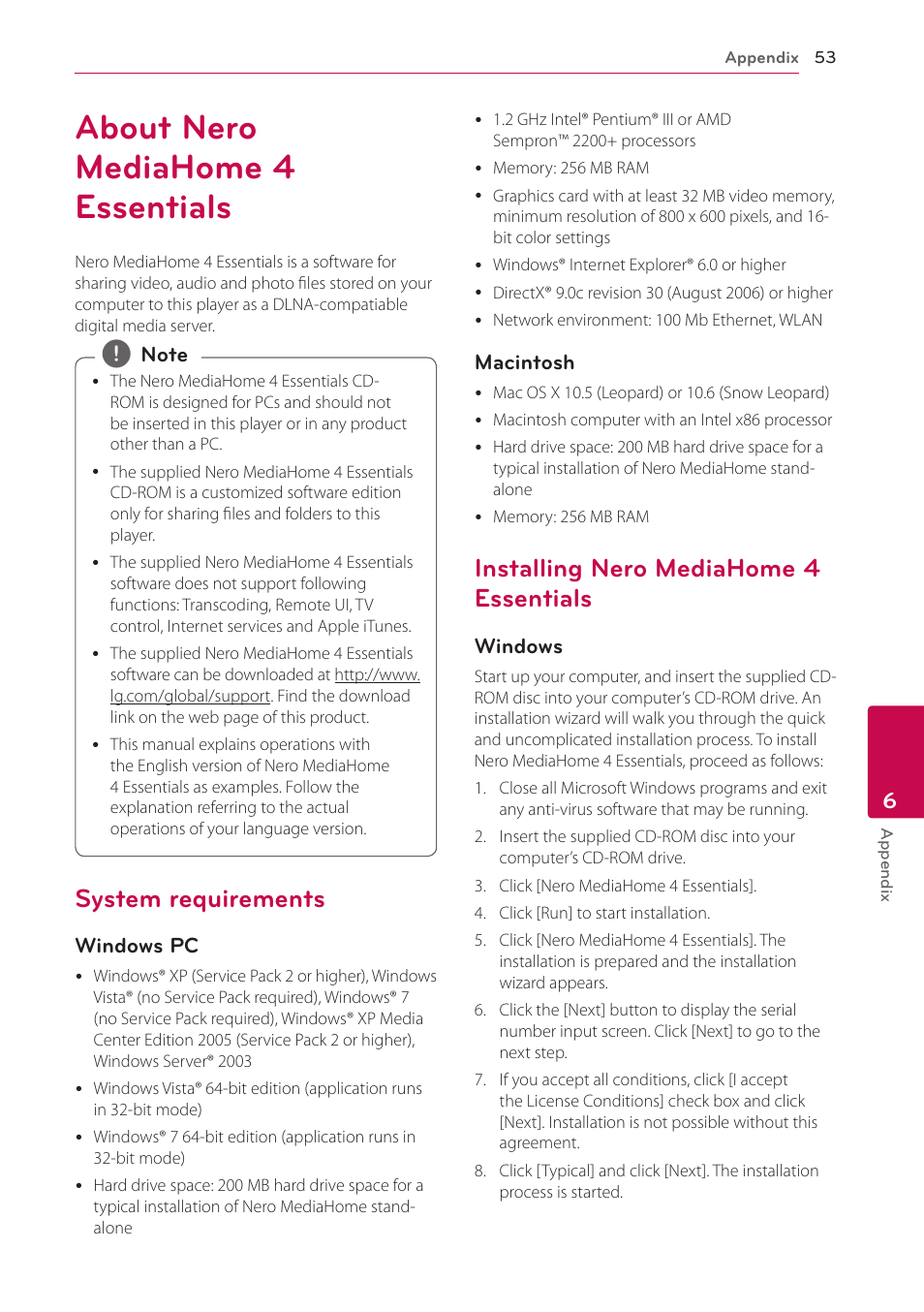 About nero mediahome 4 essentials, System requirements, Installing nero mediahome 4 essentials | Essentials | LG BP520 User Manual | Page 53 / 64