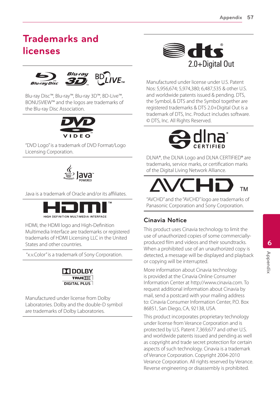 Trademarks and licenses, 57 trademarks and licenses | LG BP520 User Manual | Page 57 / 64