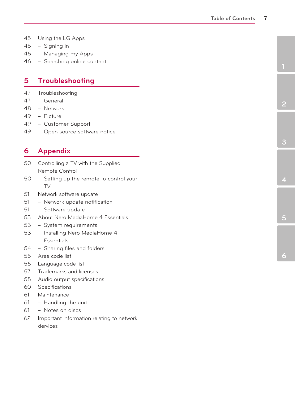 5 troubleshooting, 6 appendix | LG BP520 User Manual | Page 7 / 64