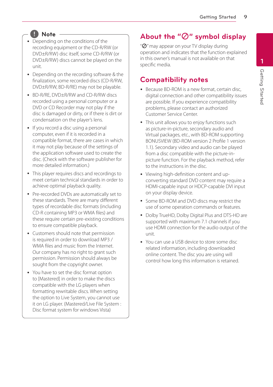 About the “7” symbol display, Compatibility notes, About the | 7” symbol display, About the “ 7 ” symbol display | LG BP520 User Manual | Page 9 / 64