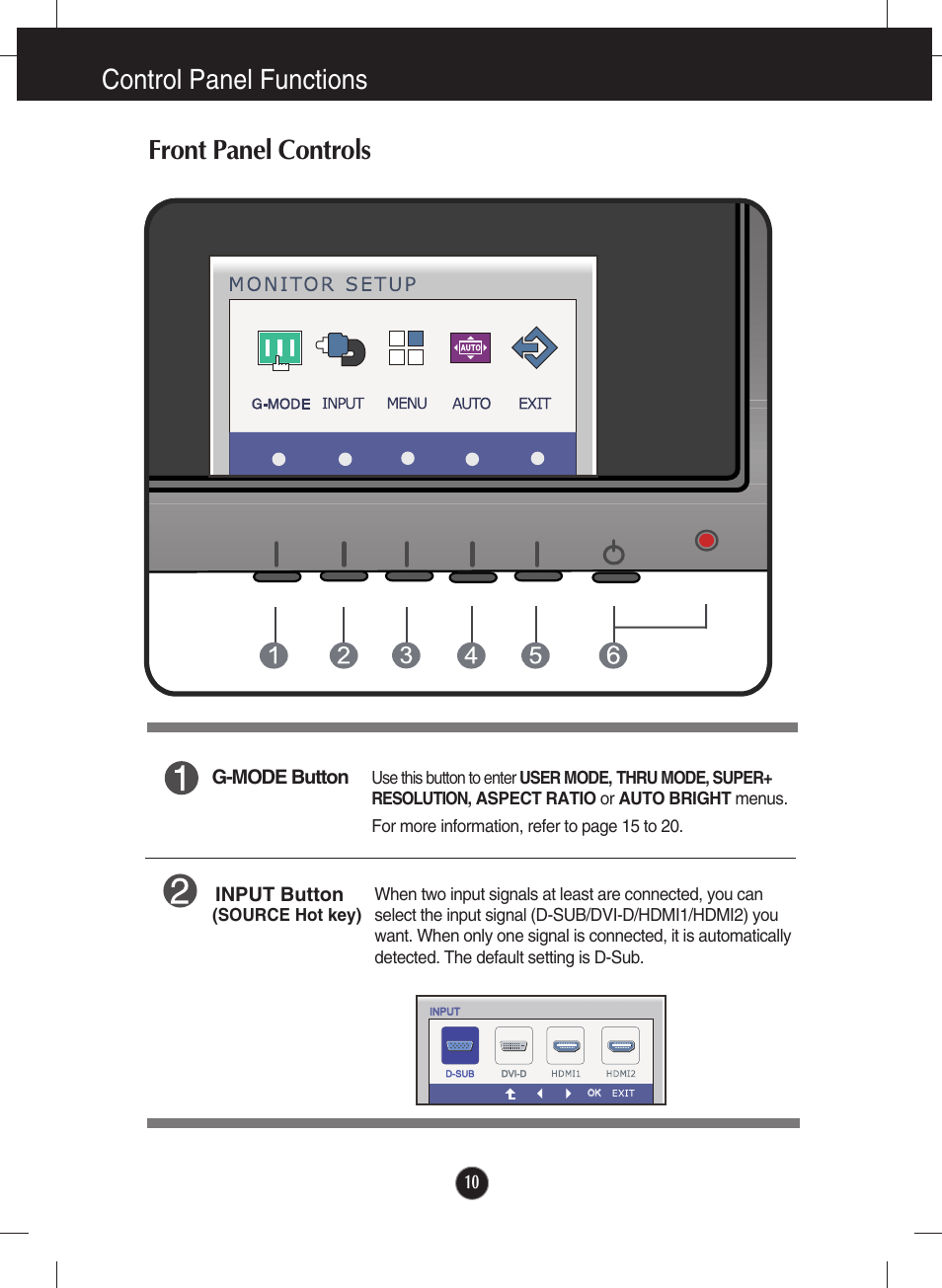 Control panel functions, Front panel controls, Control panel functions front panel controls | 10 input button, G-mode button | LG E2770V-BF User Manual | Page 11 / 38