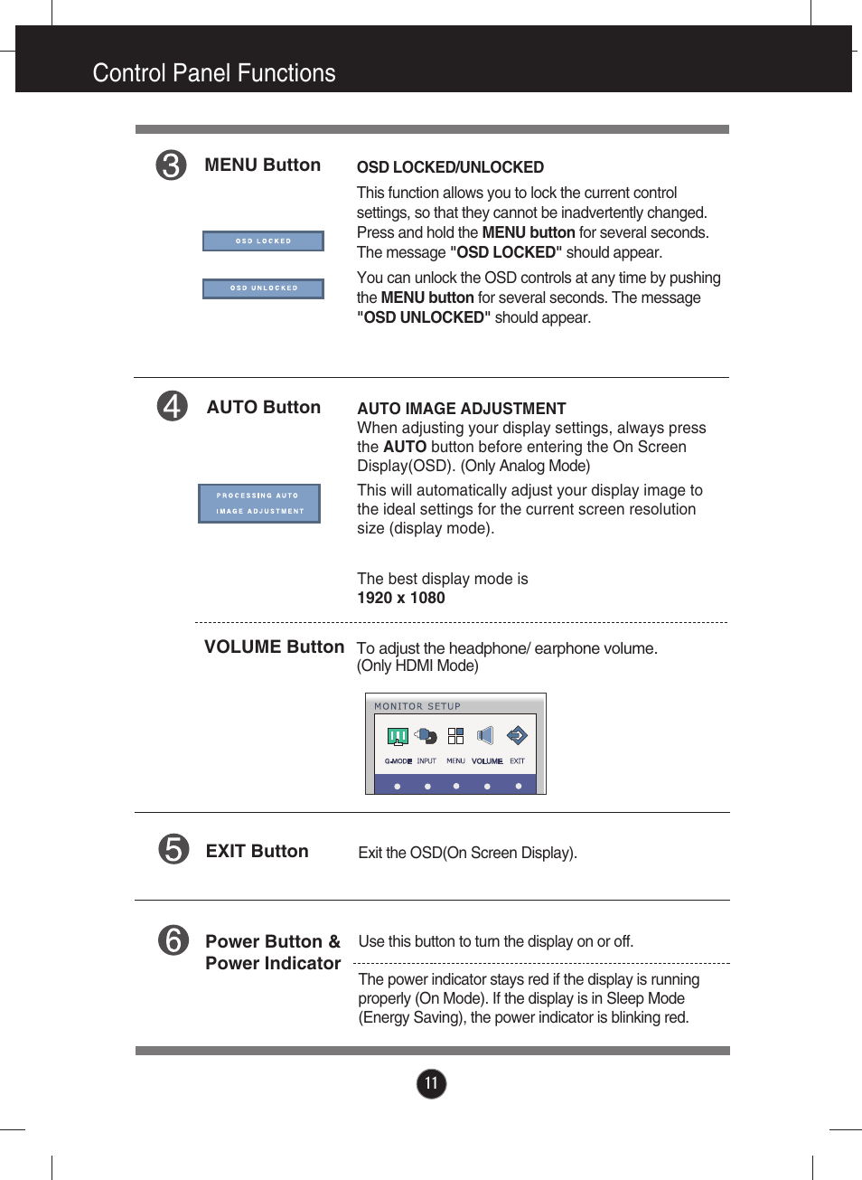 Control panel functions | LG E2770V-BF User Manual | Page 12 / 38