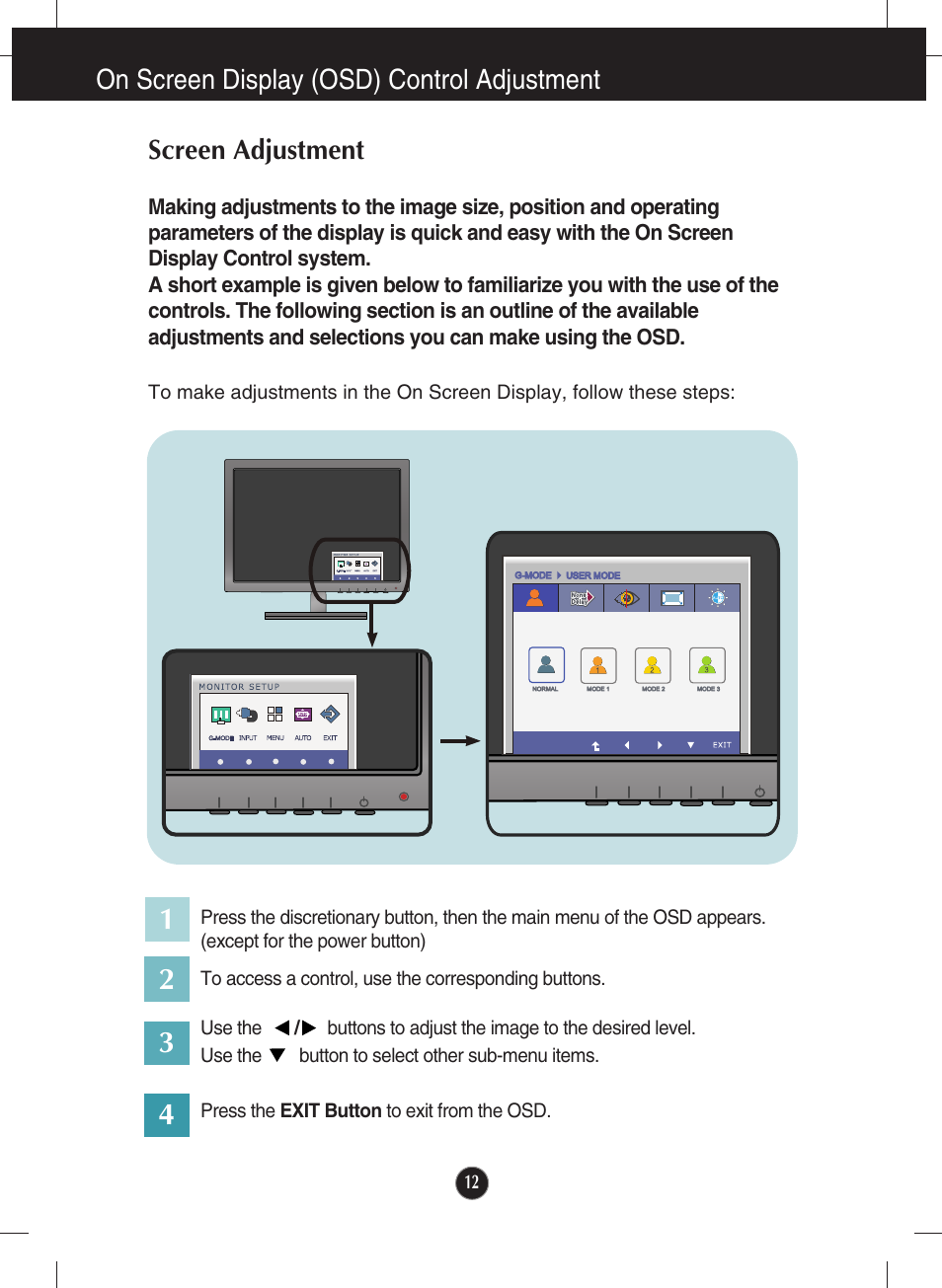 On screen display (osd) control adjustment, Screen adjustment | LG E2770V-BF User Manual | Page 13 / 38