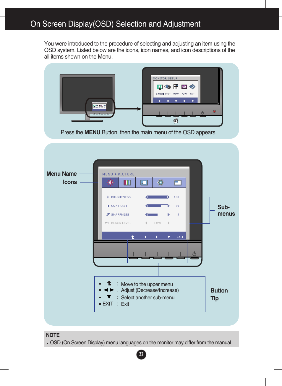 On screen display(osd) selection and adjustment | LG E2770V-BF User Manual | Page 23 / 38