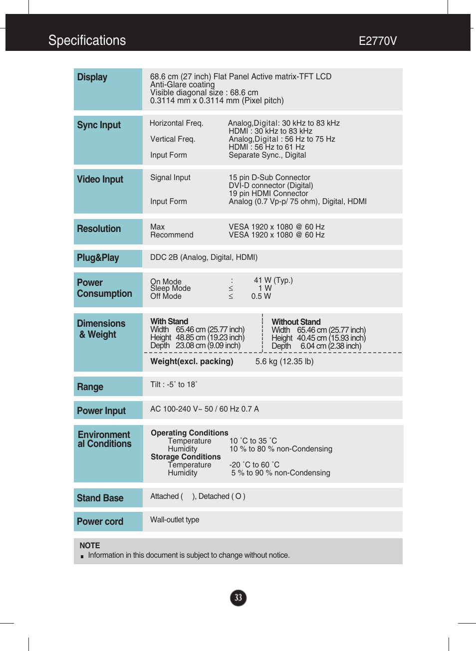 E2770v, Specifications | LG E2770V-BF User Manual | Page 34 / 38