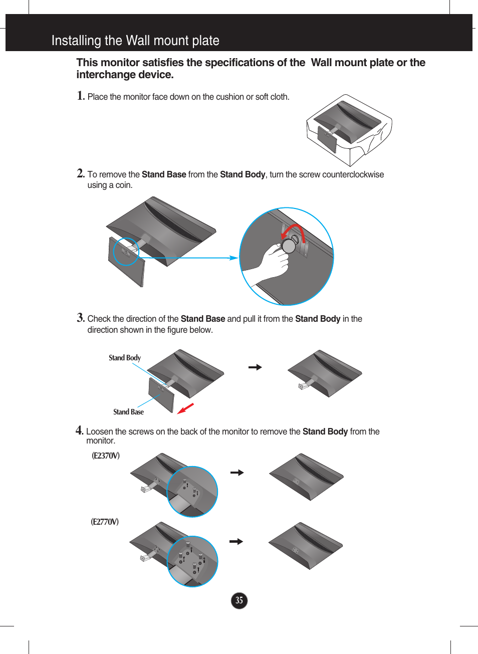 Installing the wall mount plate | LG E2770V-BF User Manual | Page 36 / 38