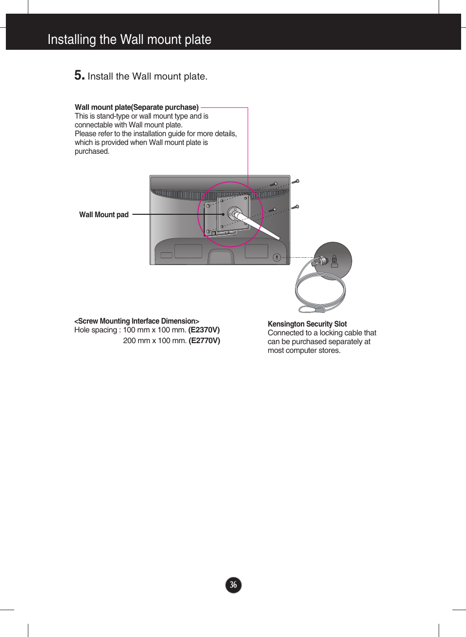 Installing the wall mount plate 5 | LG E2770V-BF User Manual | Page 37 / 38
