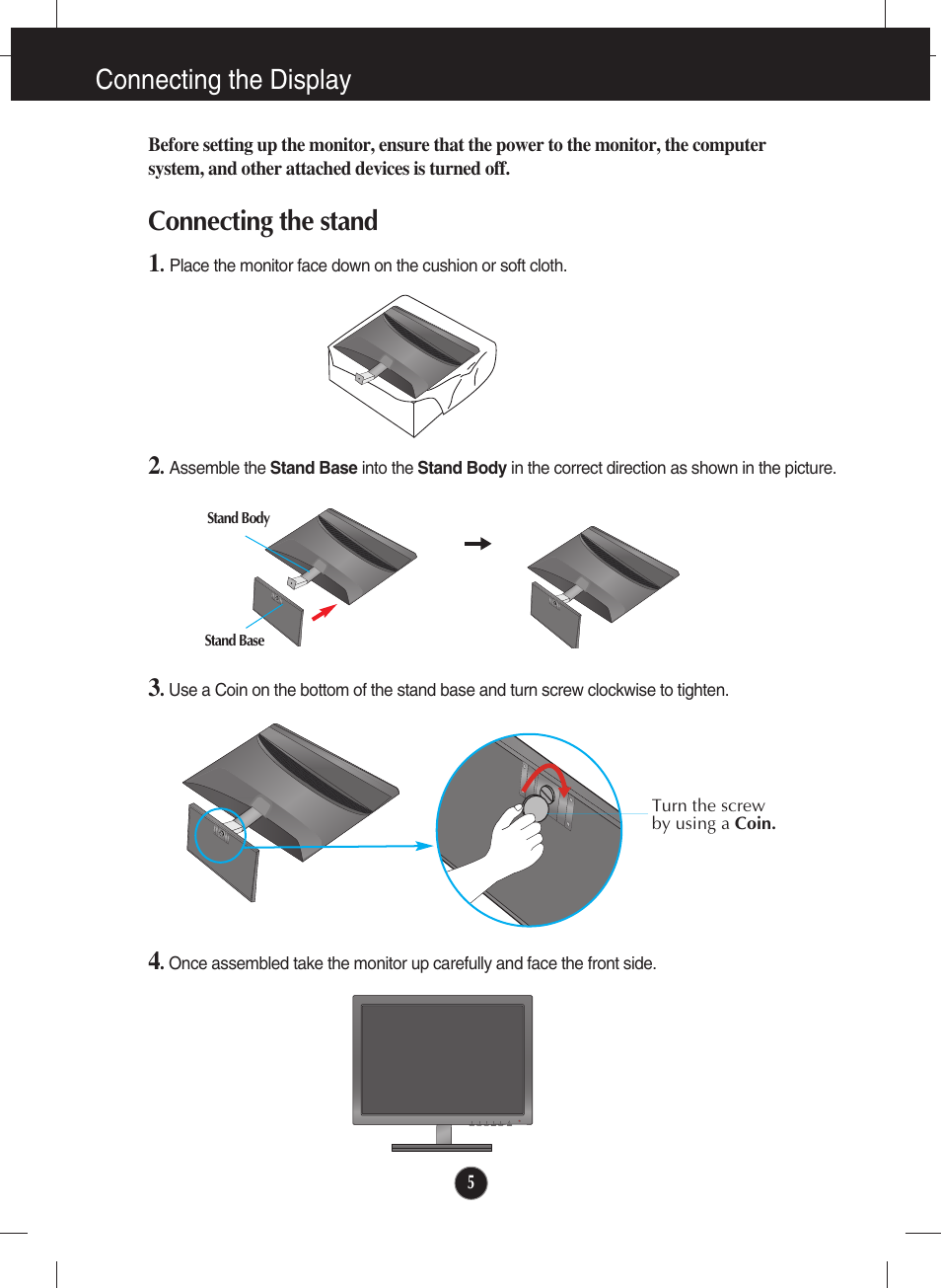 Connecting the display, Connecting the stand | LG E2770V-BF User Manual | Page 6 / 38