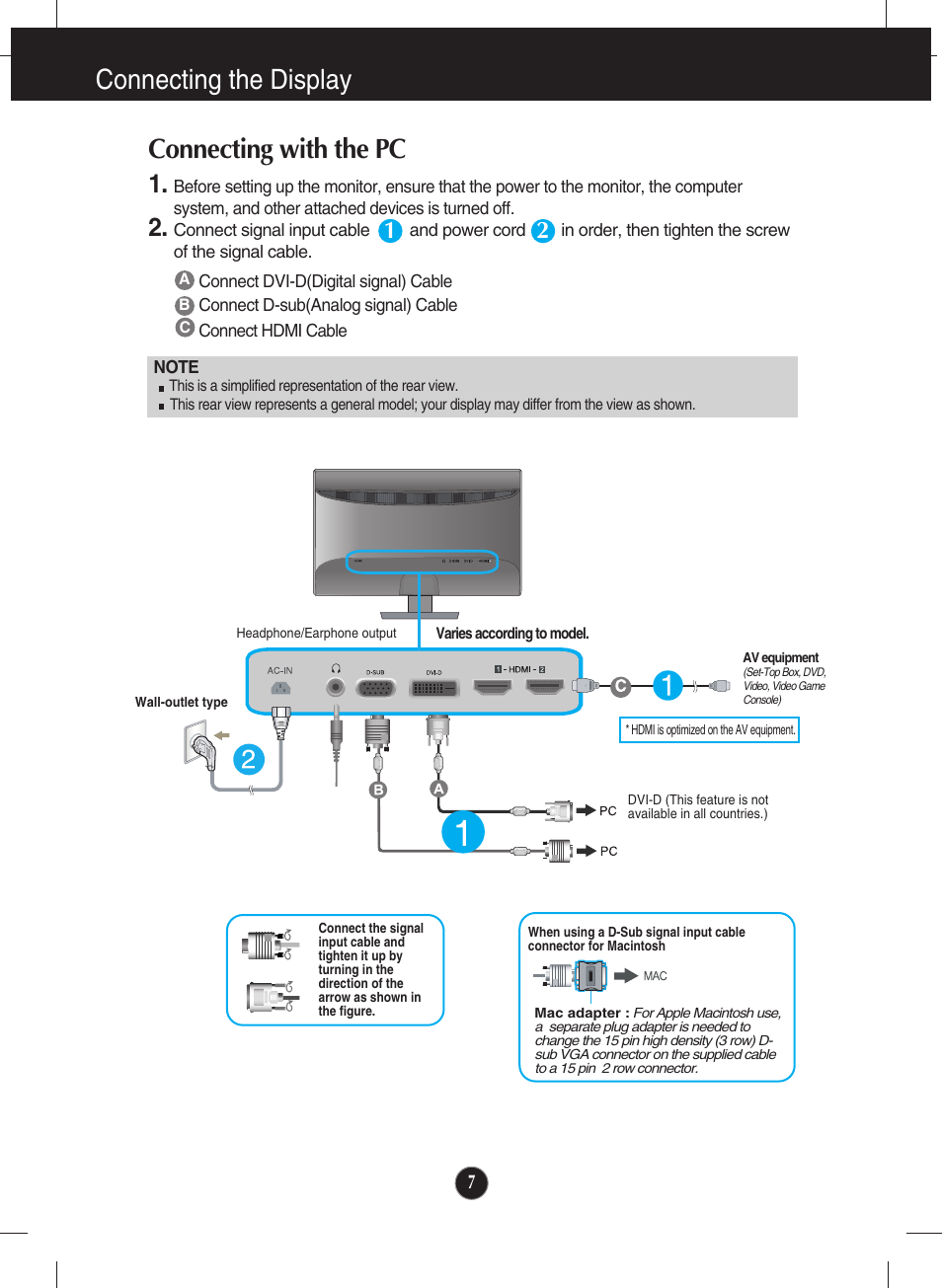 Connecting with the pc, Connecting the display | LG E2770V-BF User Manual | Page 8 / 38