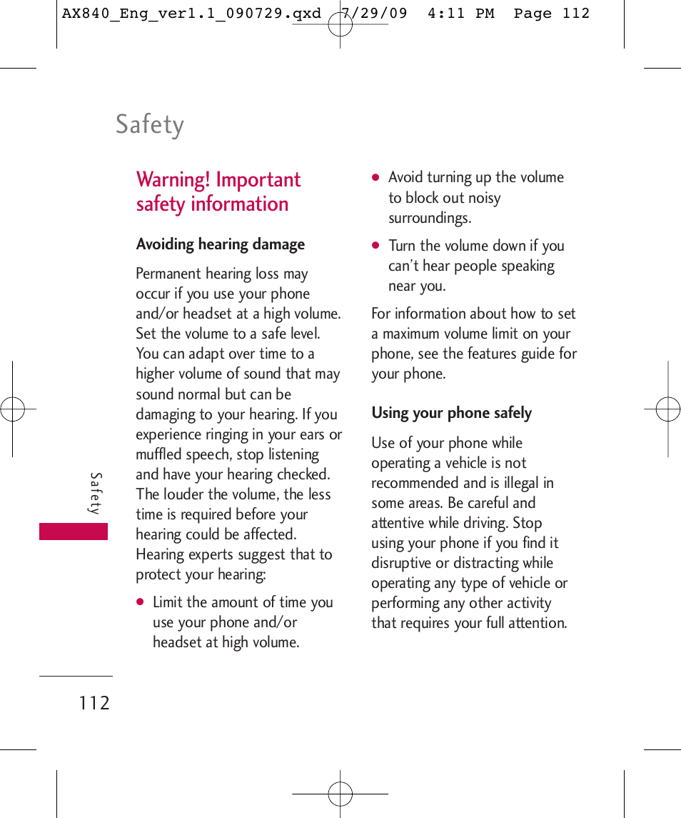 Safety, Warning! important safety information | LG LGAX840A User Manual | Page 114 / 306