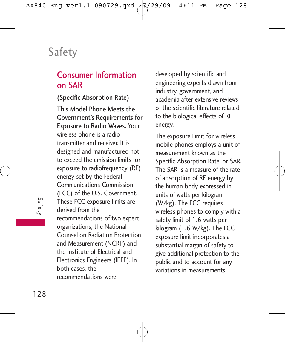 Safety, Consumer information on sar | LG LGAX840A User Manual | Page 130 / 306