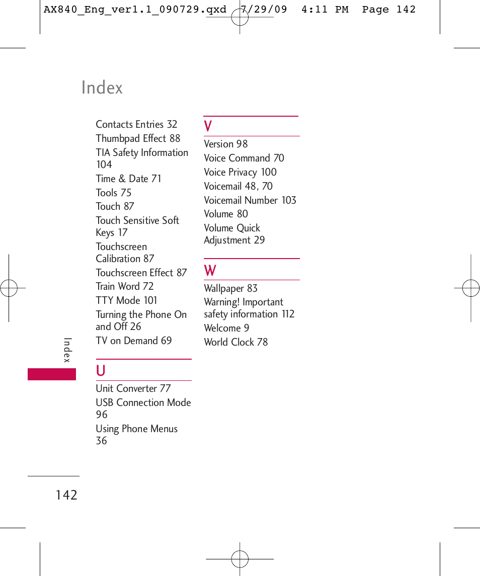 Index | LG LGAX840A User Manual | Page 144 / 306