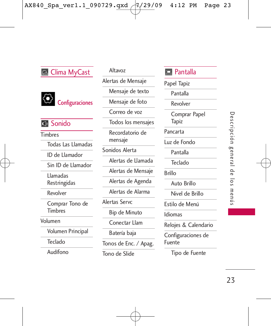 Clima mycast, Sonido, Pantalla | LG LGAX840A User Manual | Page 169 / 306