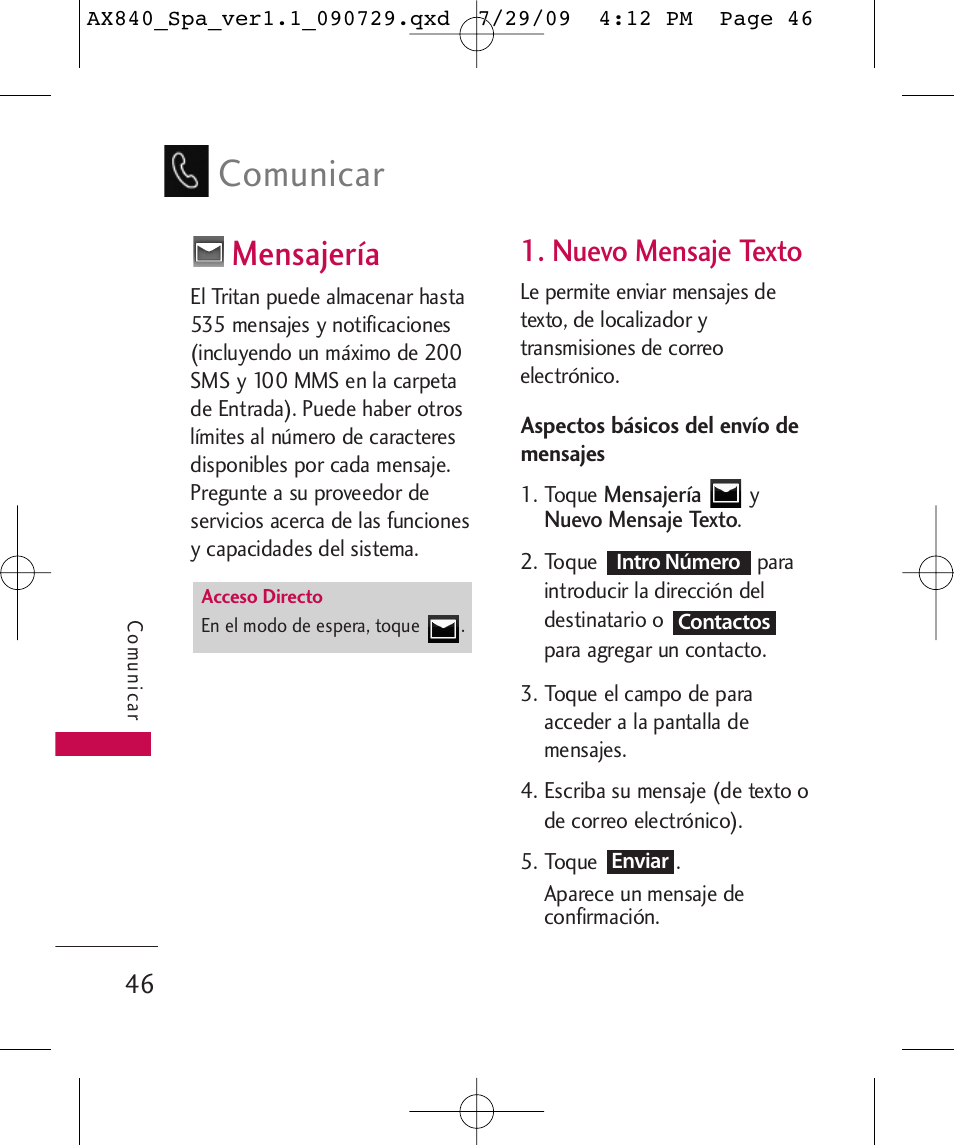 Comunicar, Mensajería, Nuevo mensaje texto | LG LGAX840A User Manual | Page 192 / 306