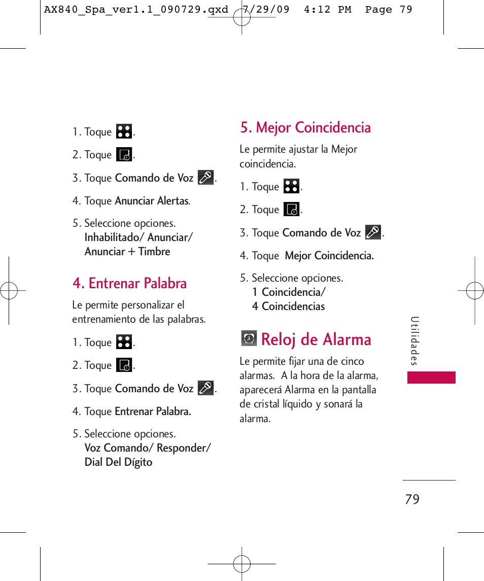 Reloj de alarma, Entrenar palabra, Mejor coincidencia | LG LGAX840A User Manual | Page 225 / 306