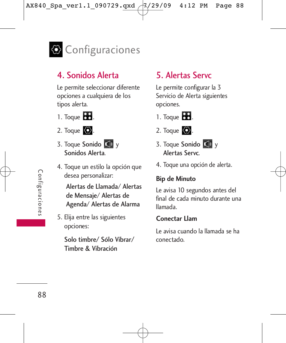 Configuraciones, Sonidos alerta, Alertas servc | LG LGAX840A User Manual | Page 234 / 306