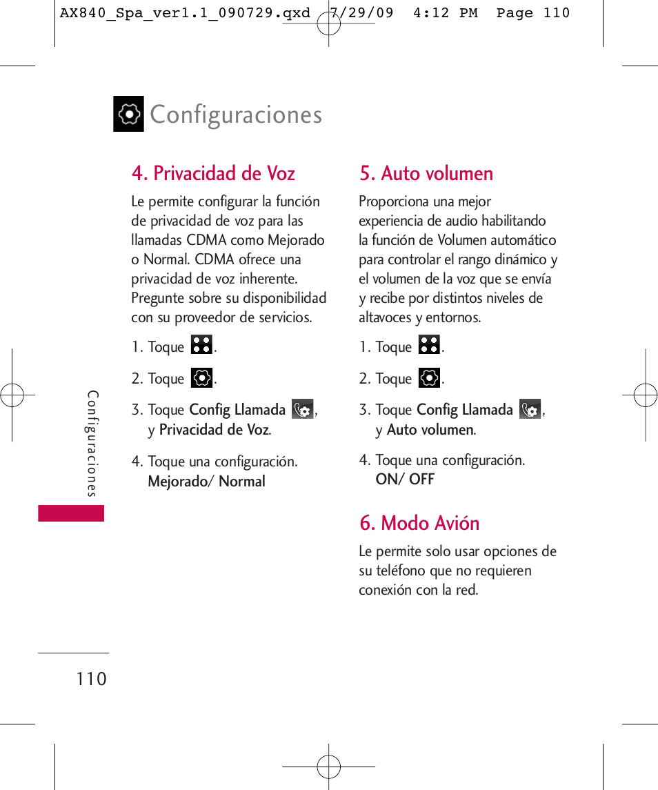 Configuraciones, Privacidad de voz, Auto volumen | Modo avión | LG LGAX840A User Manual | Page 256 / 306