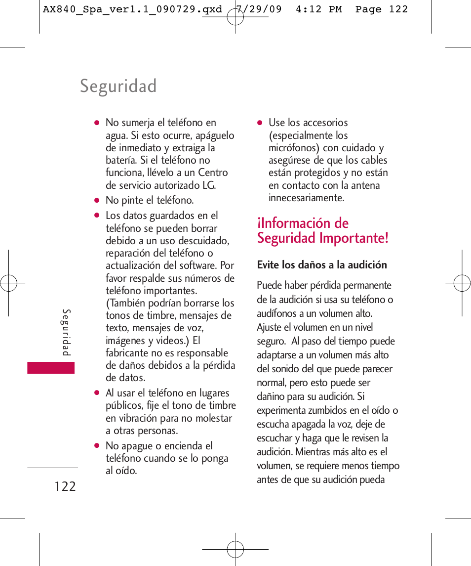 Seguridad, Información de seguridad importante | LG LGAX840A User Manual | Page 268 / 306