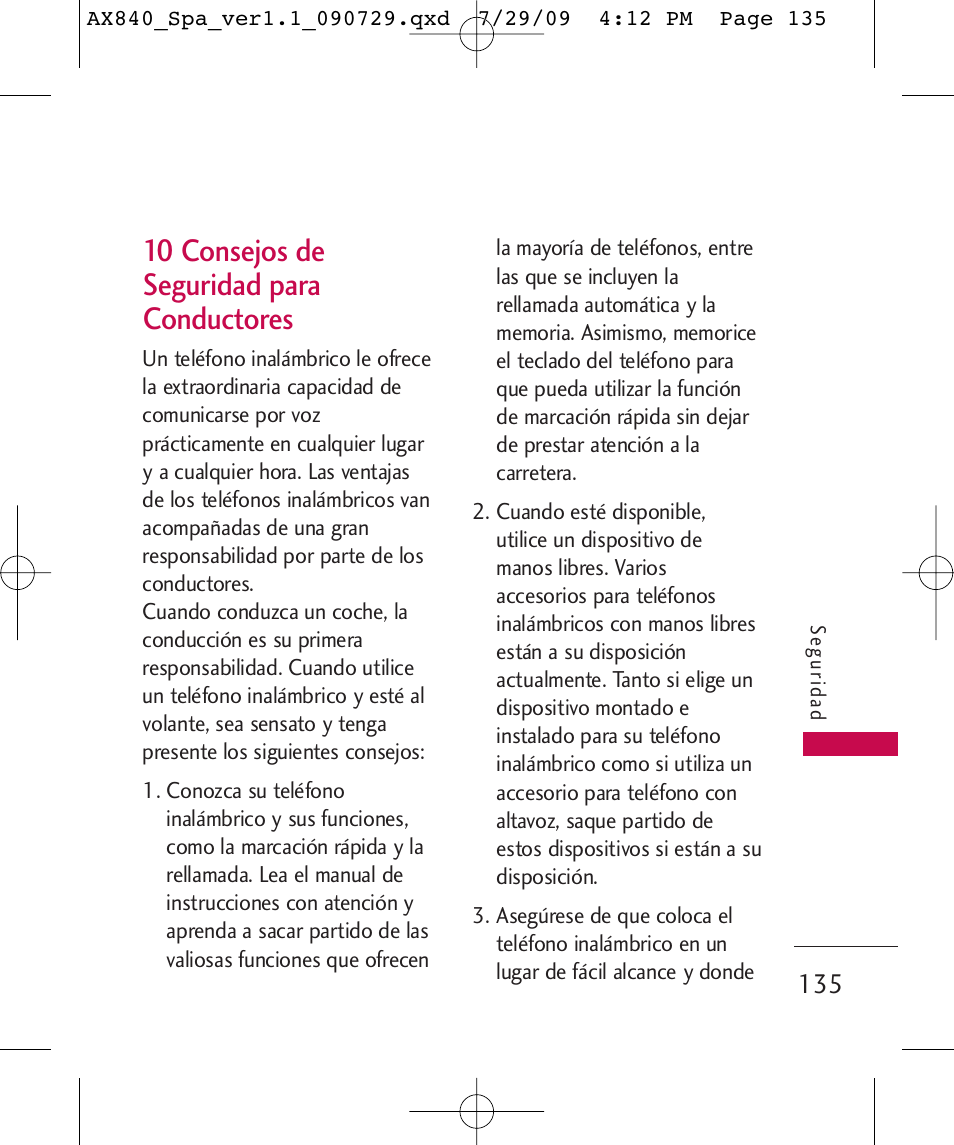 10 consejos de seguridad para conductores | LG LGAX840A User Manual | Page 281 / 306