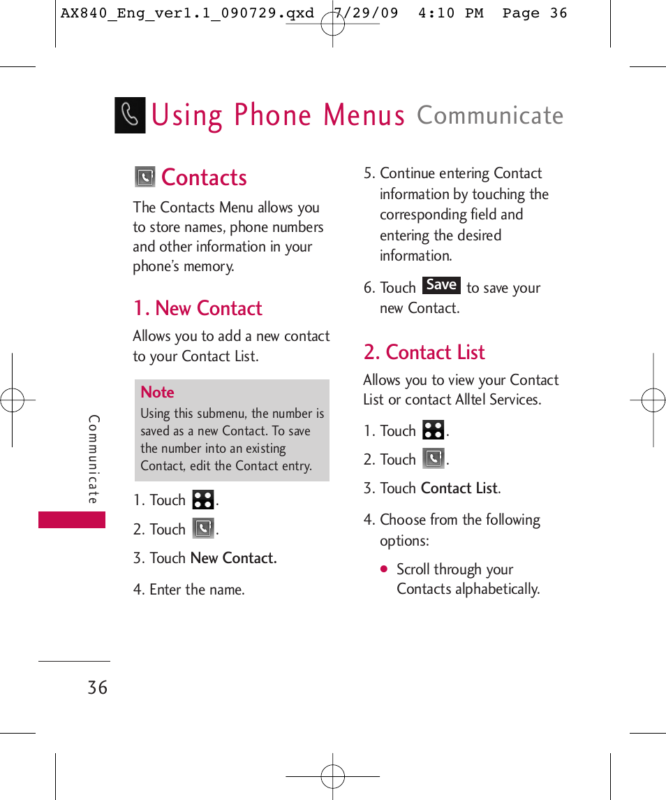 Using phone menus, Communicate, Contacts | New contact, Contact list | LG LGAX840A User Manual | Page 38 / 306