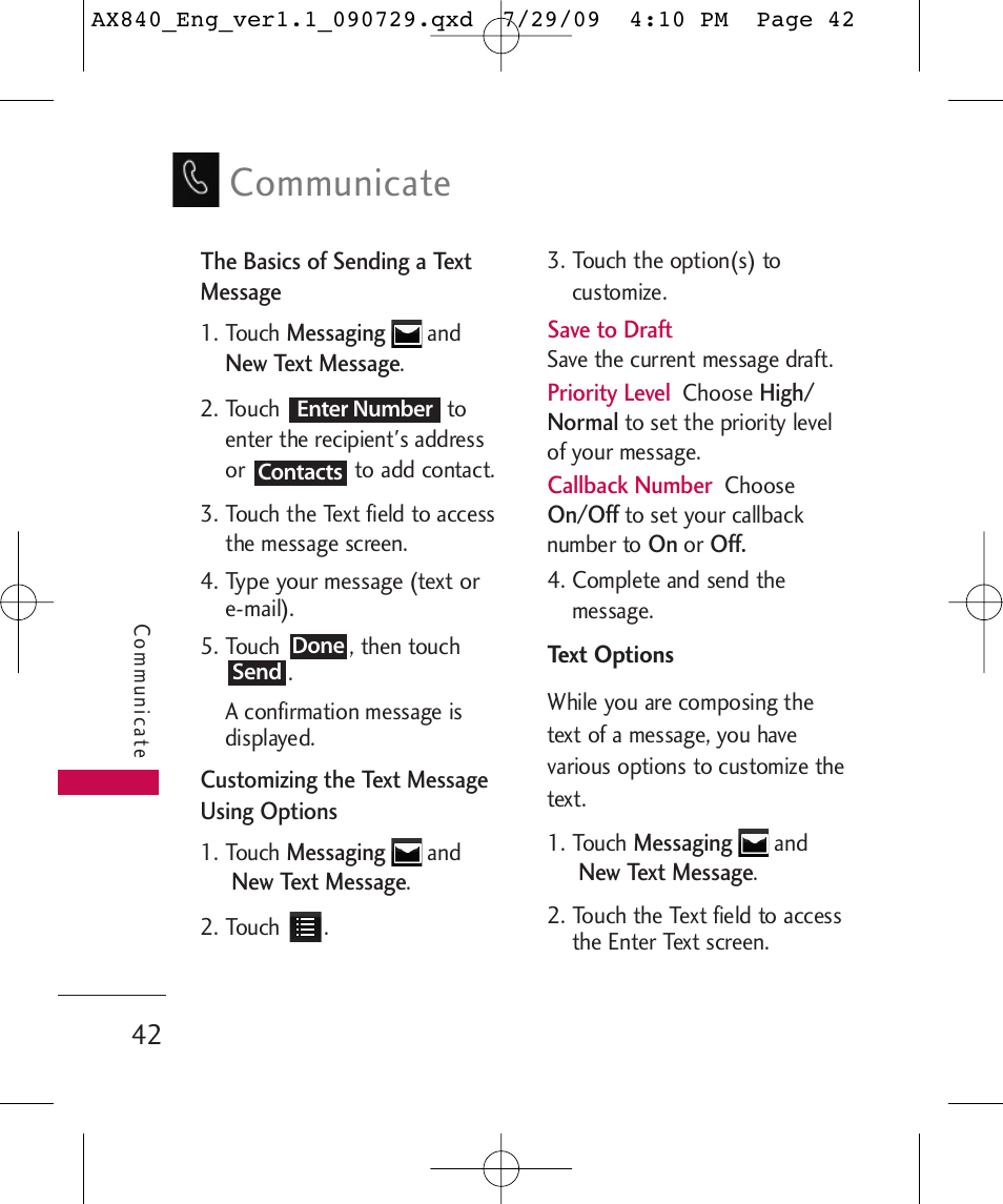 Communicate | LG LGAX840A User Manual | Page 44 / 306