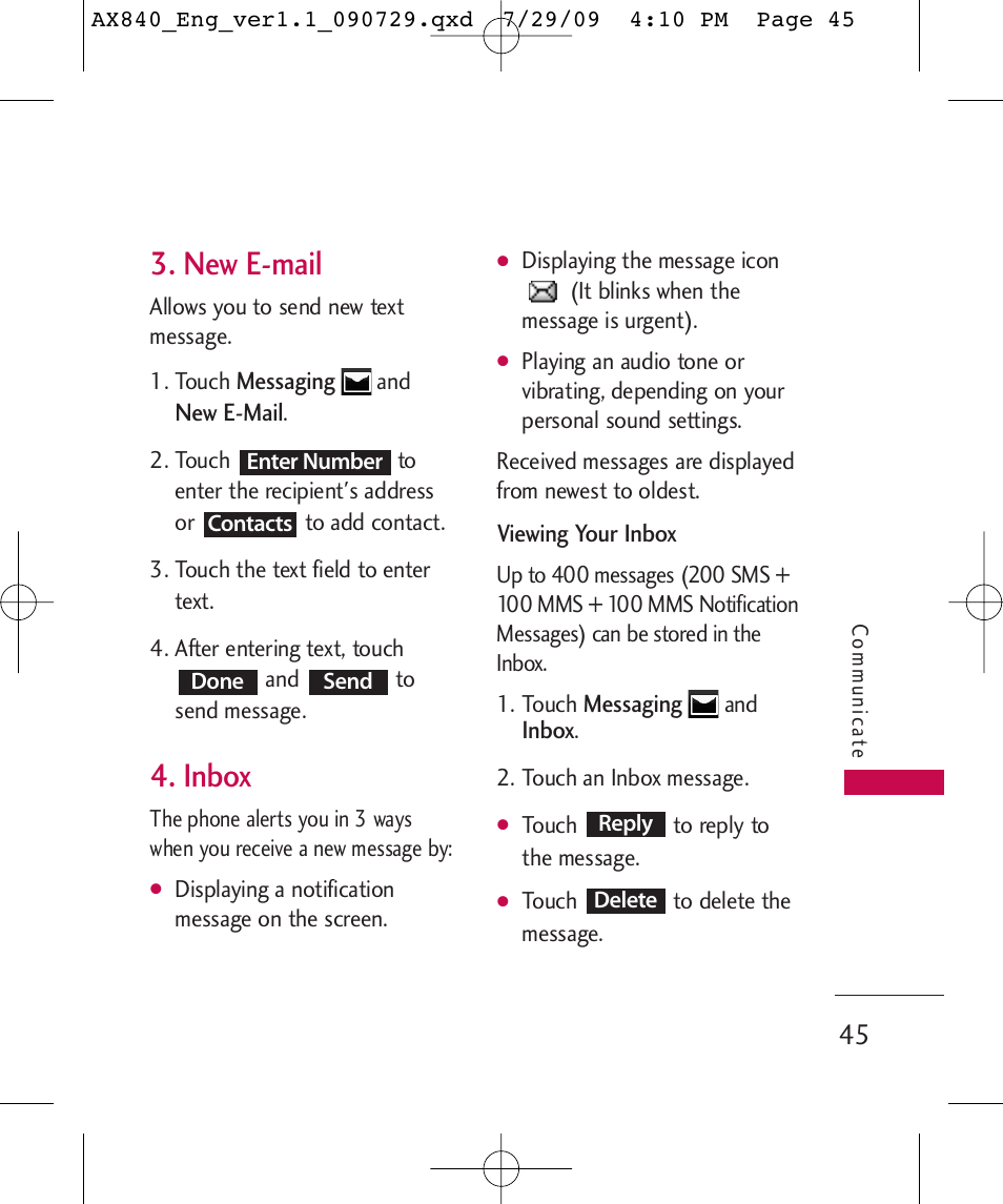 New e-mail, Inbox | LG LGAX840A User Manual | Page 47 / 306