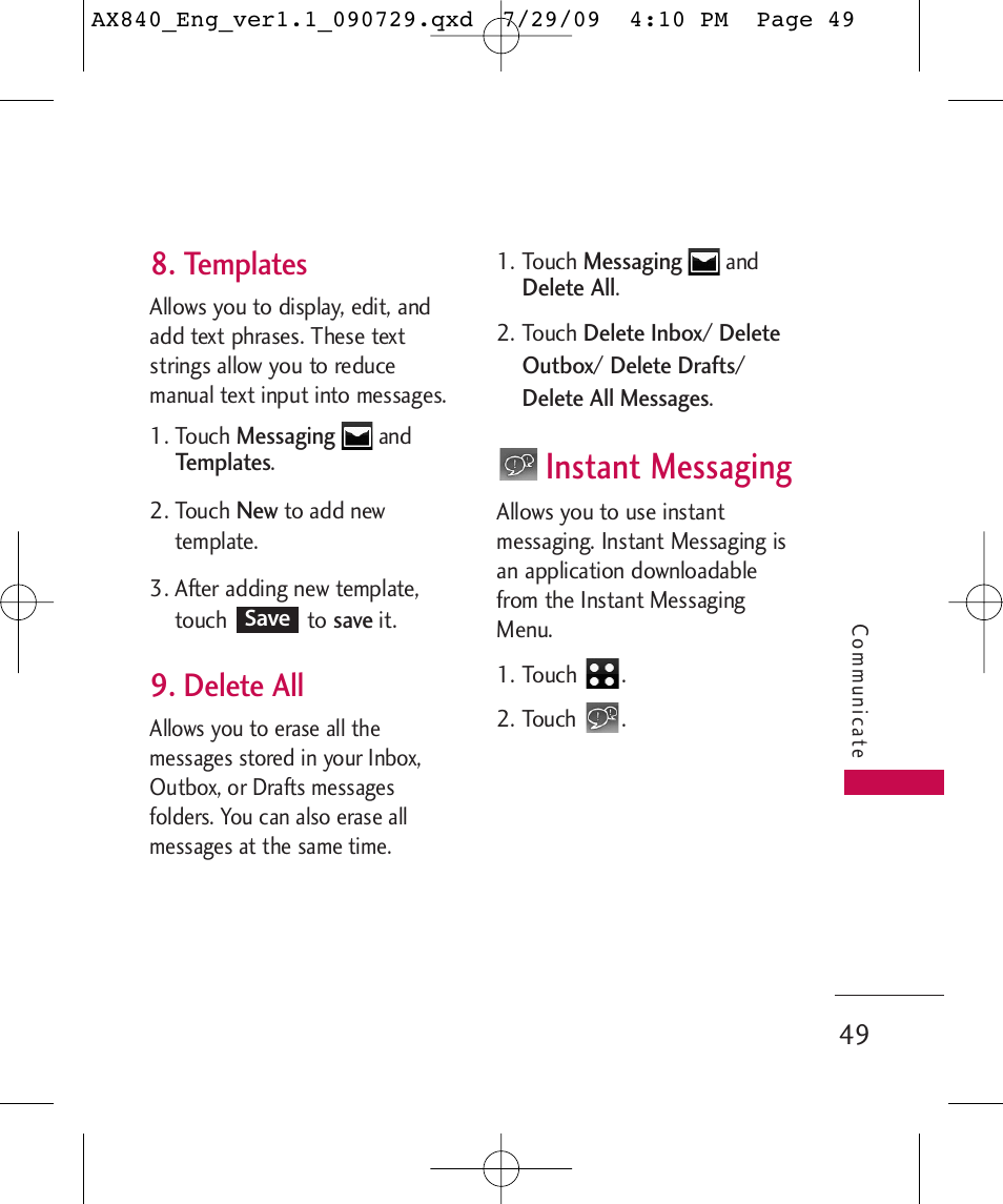 Instant messaging, Templates, Delete all | LG LGAX840A User Manual | Page 51 / 306