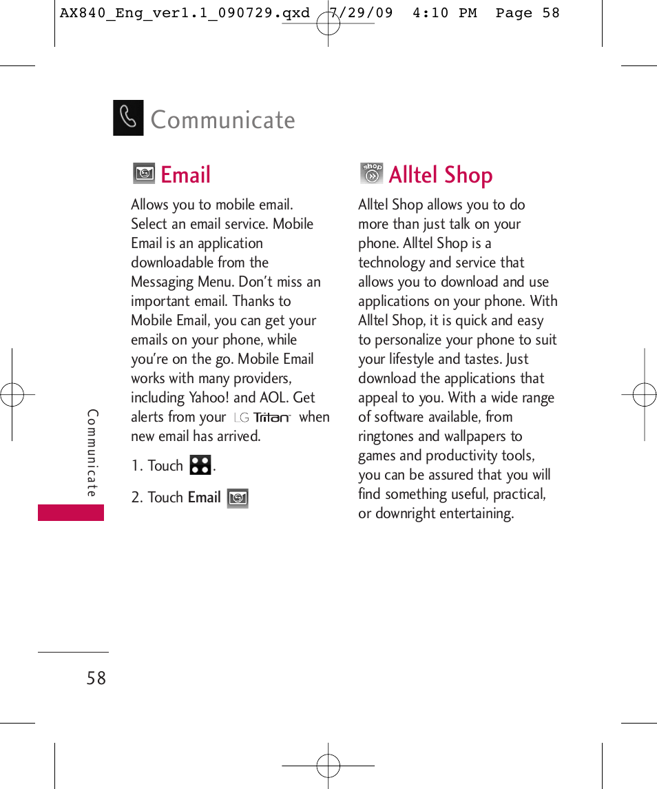 Communicate, Email, Alltel shop | LG LGAX840A User Manual | Page 60 / 306