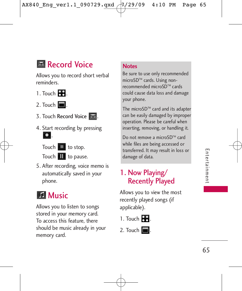 Record voice, Music, Now playing/ recently played | LG LGAX840A User Manual | Page 67 / 306