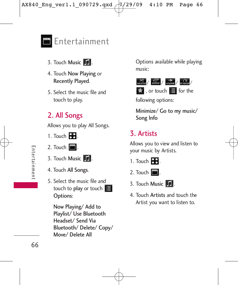 Entertainment, All songs, Artists | LG LGAX840A User Manual | Page 68 / 306