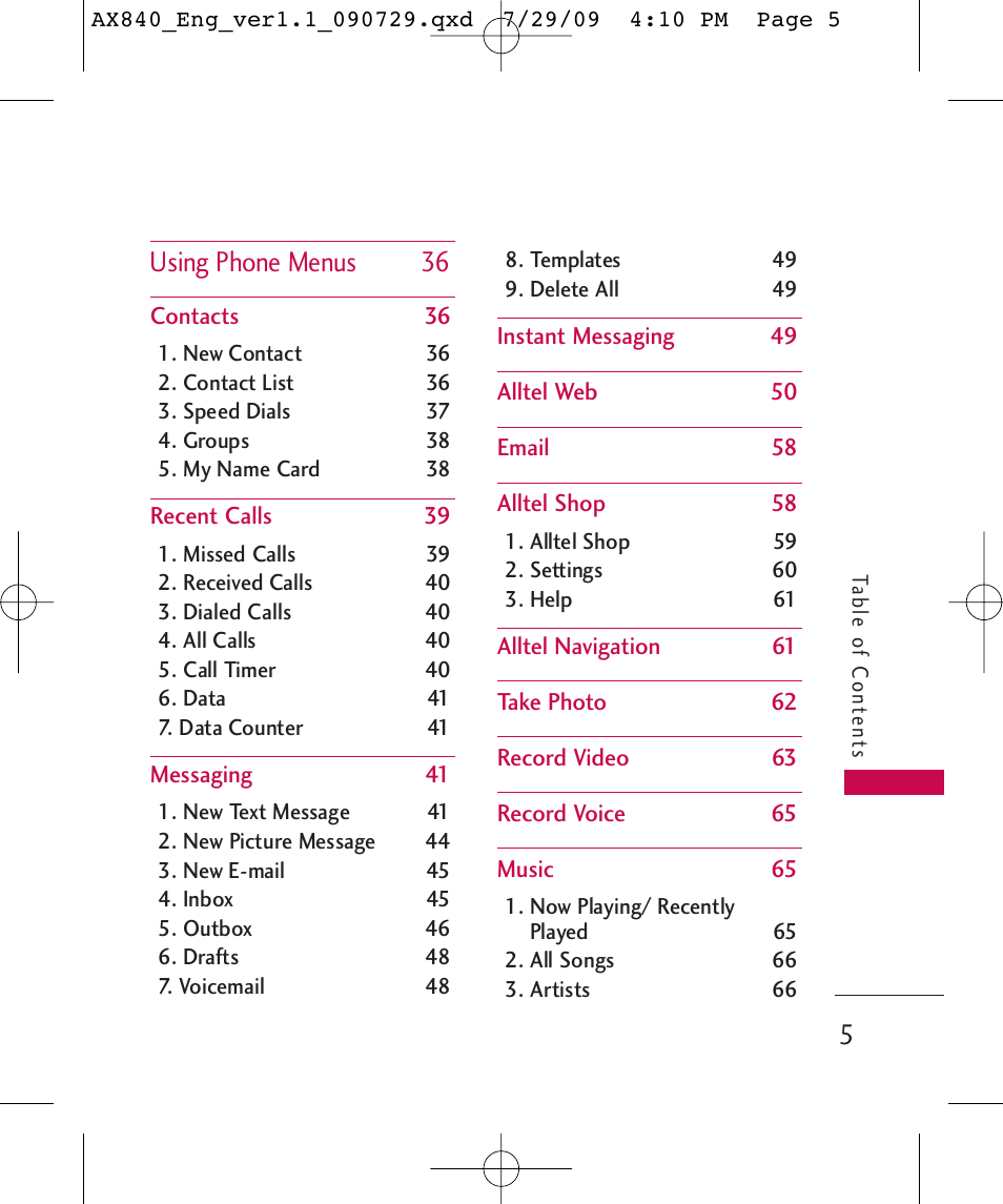 Using phone menus 36 | LG LGAX840A User Manual | Page 7 / 306
