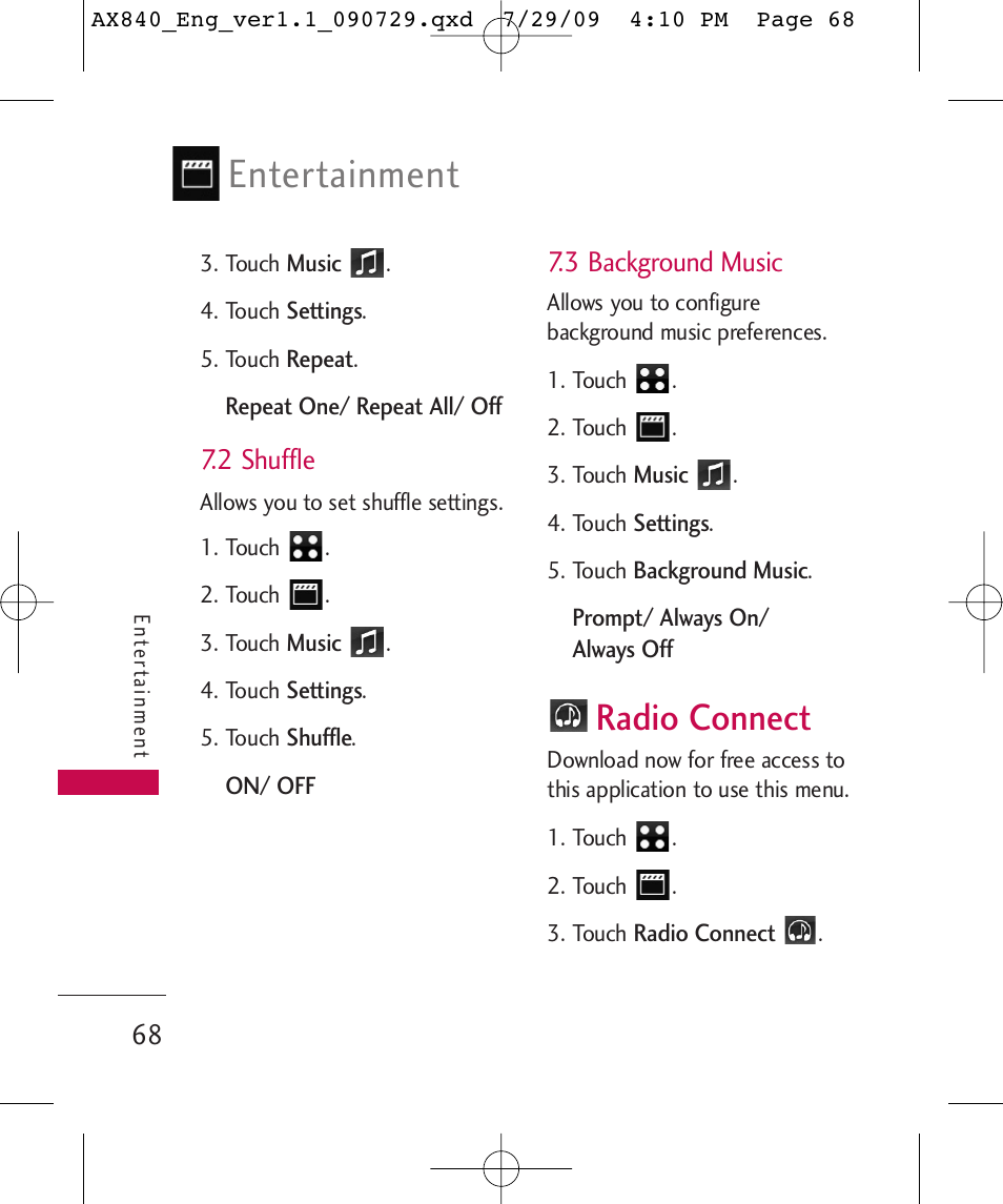 Entertainment, Radio connect, 2 shuffle | 3 background music | LG LGAX840A User Manual | Page 70 / 306