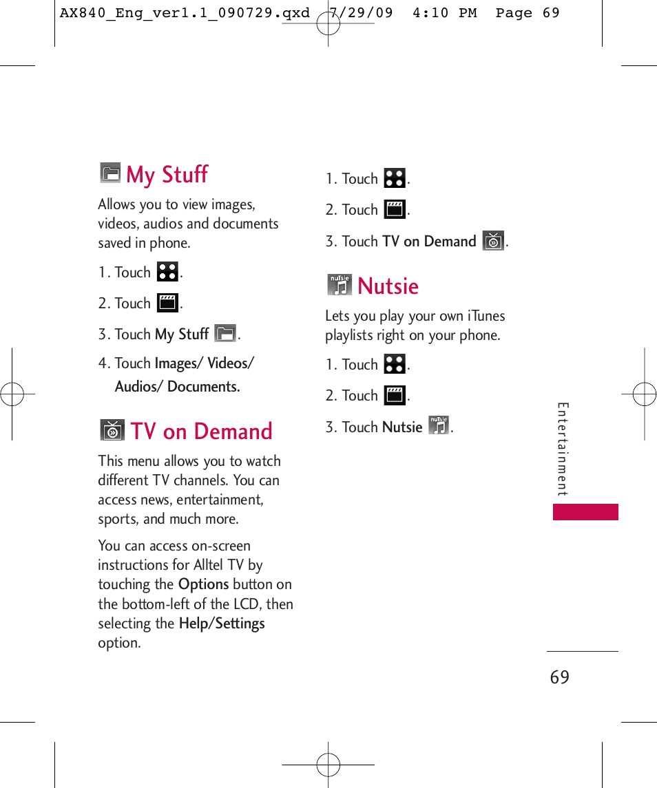 My stuff, Tv on demand, Nutsie | LG LGAX840A User Manual | Page 71 / 306