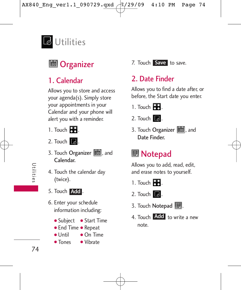 Utilities, Organizer, Calendar | Date finder | LG LGAX840A User Manual | Page 76 / 306