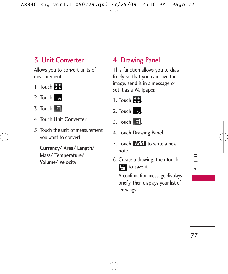 Unit converter, Drawing panel | LG LGAX840A User Manual | Page 79 / 306