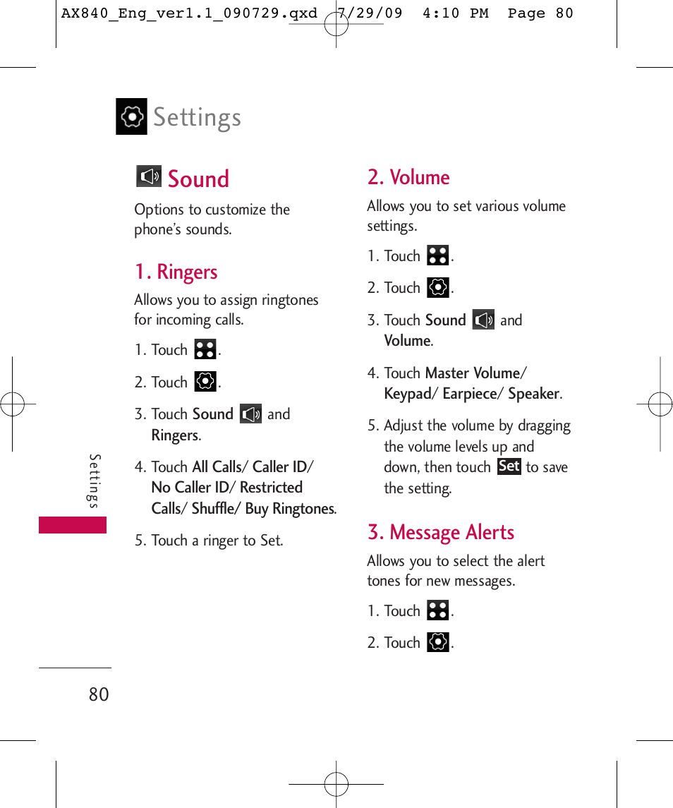 Settings, Sound, Ringers | Volume, Message alerts | LG LGAX840A User Manual | Page 82 / 306