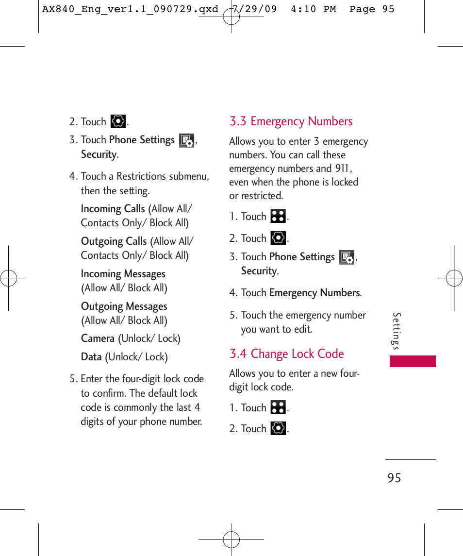 3 emergency numbers, 4 change lock code | LG LGAX840A User Manual | Page 97 / 306