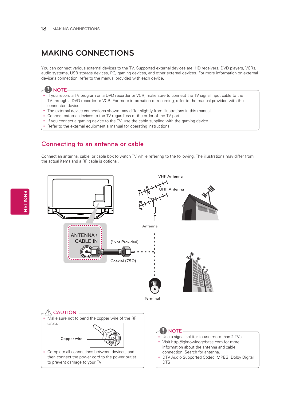 Making connections, Connecting to an antenna or cable | LG 47LA7400 User Manual | Page 18 / 52