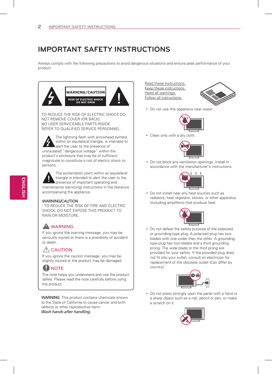 Important safety instructions, English, Warning | Caution | LG 47LA7400 User Manual | Page 2 / 52