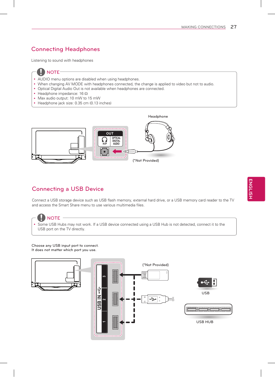 Connecting to an audio system, Connecting a usb device, Connecting headphones | Digital optical audio connection | LG 47LA7400 User Manual | Page 27 / 52