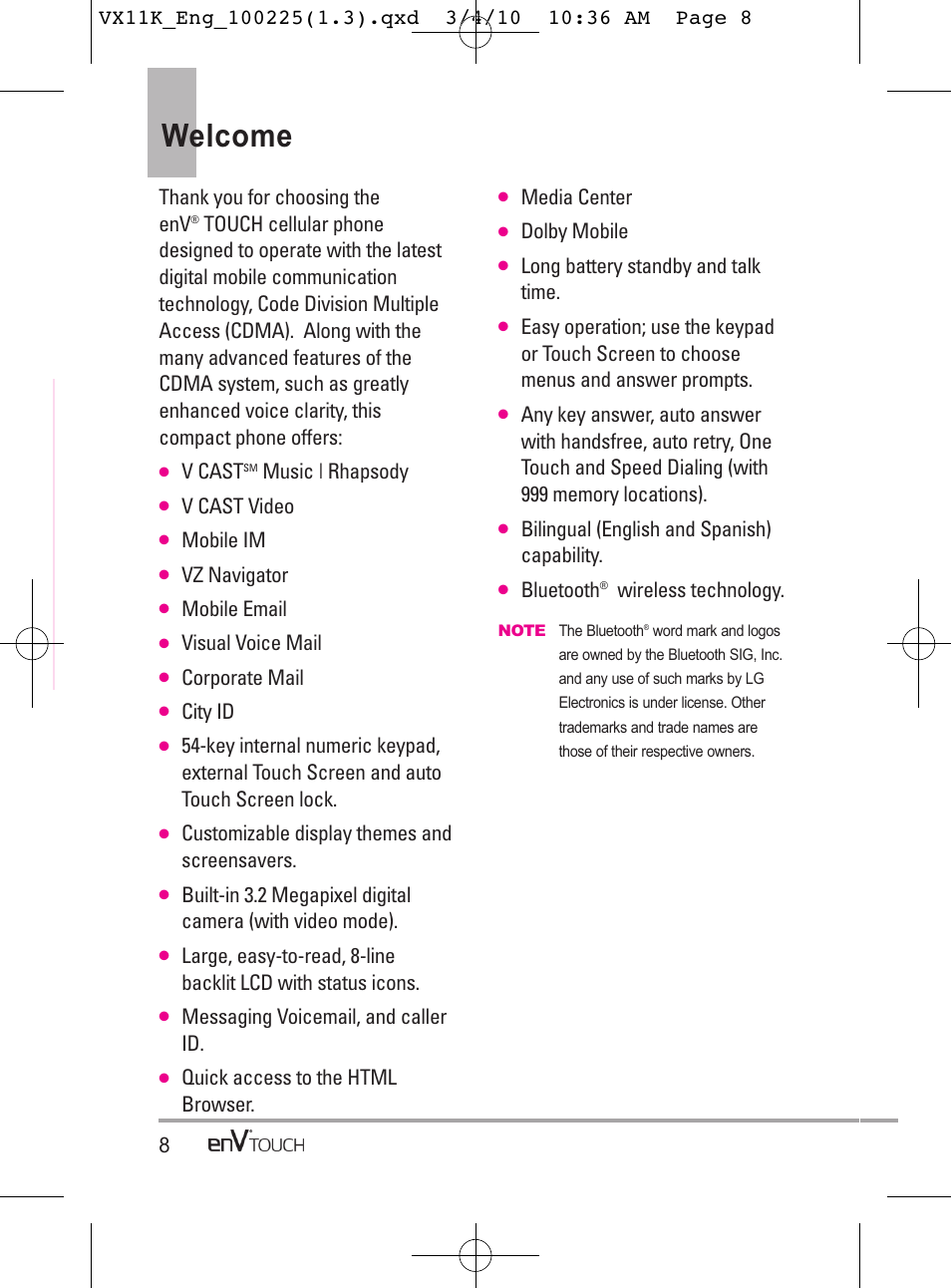 Welcome, V cast, Music | rhapsody | V cast video, Mobile im, Vz navigator, Mobile email, Visual voice mail, Corporate mail, City id | LG VX11000 User Manual | Page 10 / 398