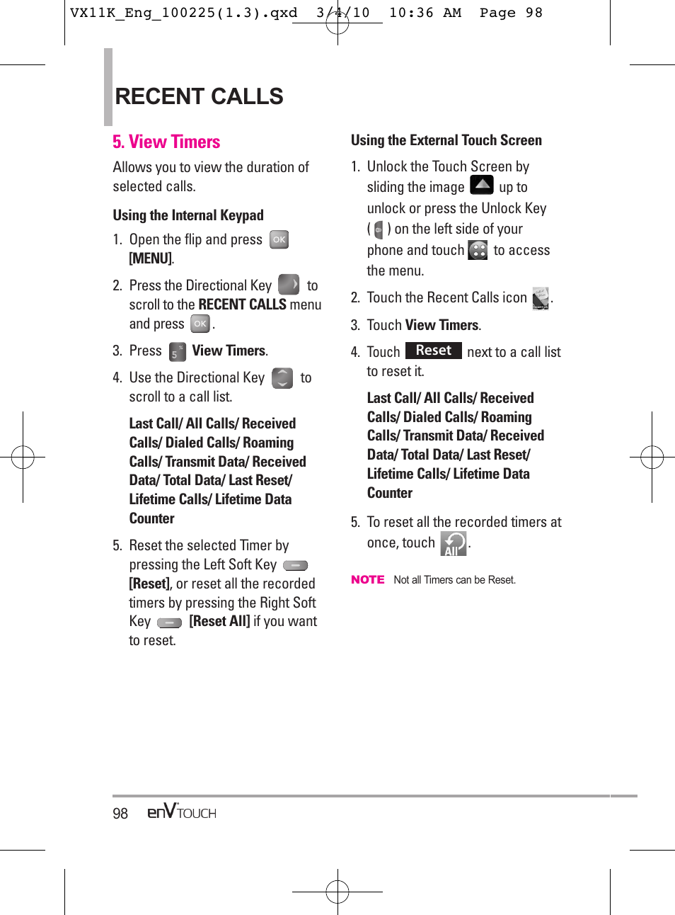 Recent calls, View timers | LG VX11000 User Manual | Page 100 / 398