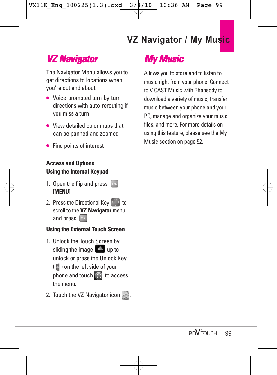 Vvz z n na avviig ga atto orr, Mmyy m mu ussiic c, Vz navigator / my music | LG VX11000 User Manual | Page 101 / 398