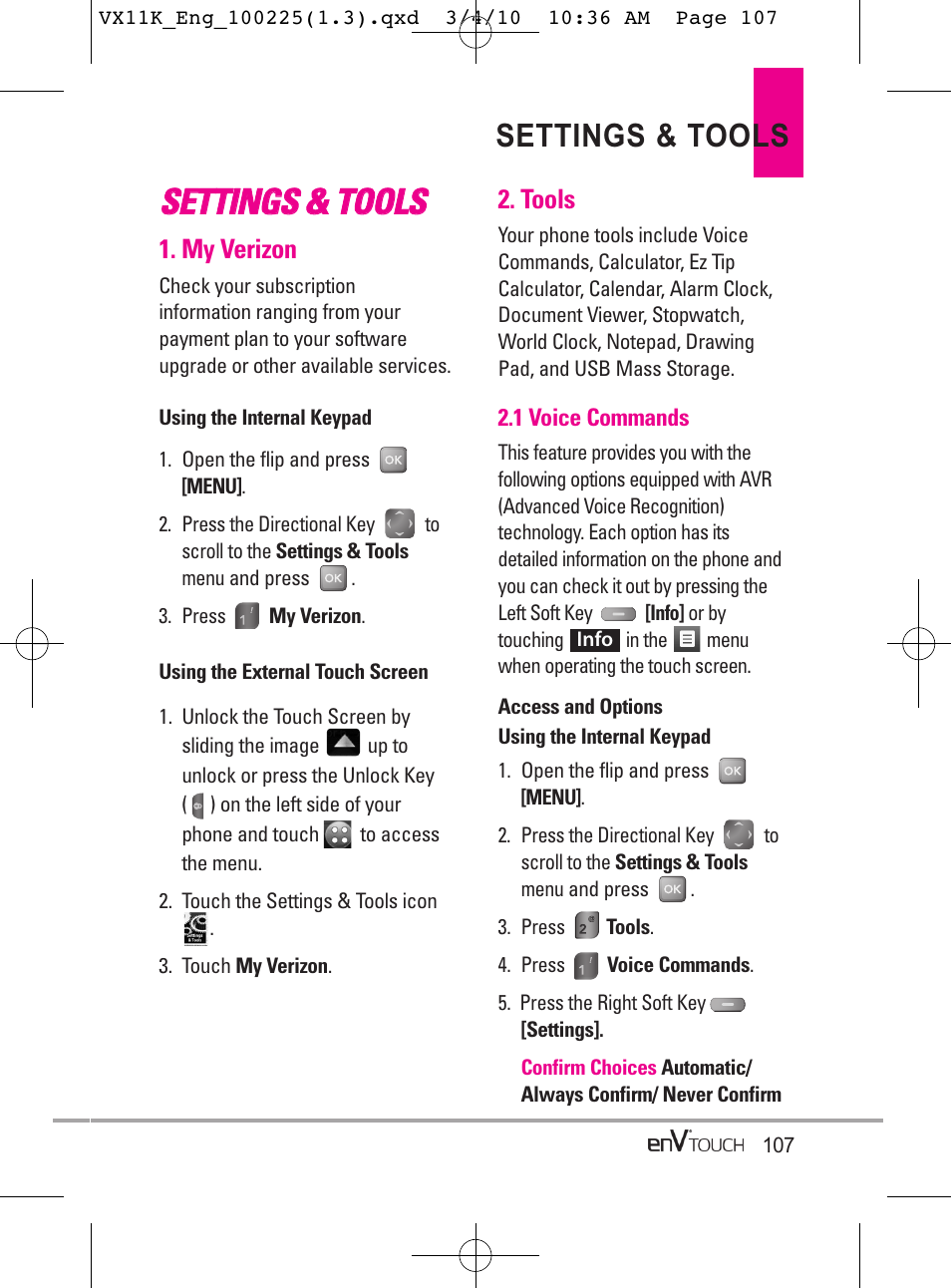 Sse et tt tiin ng gs s & & t to oo olls s, Settings & tools | LG VX11000 User Manual | Page 109 / 398